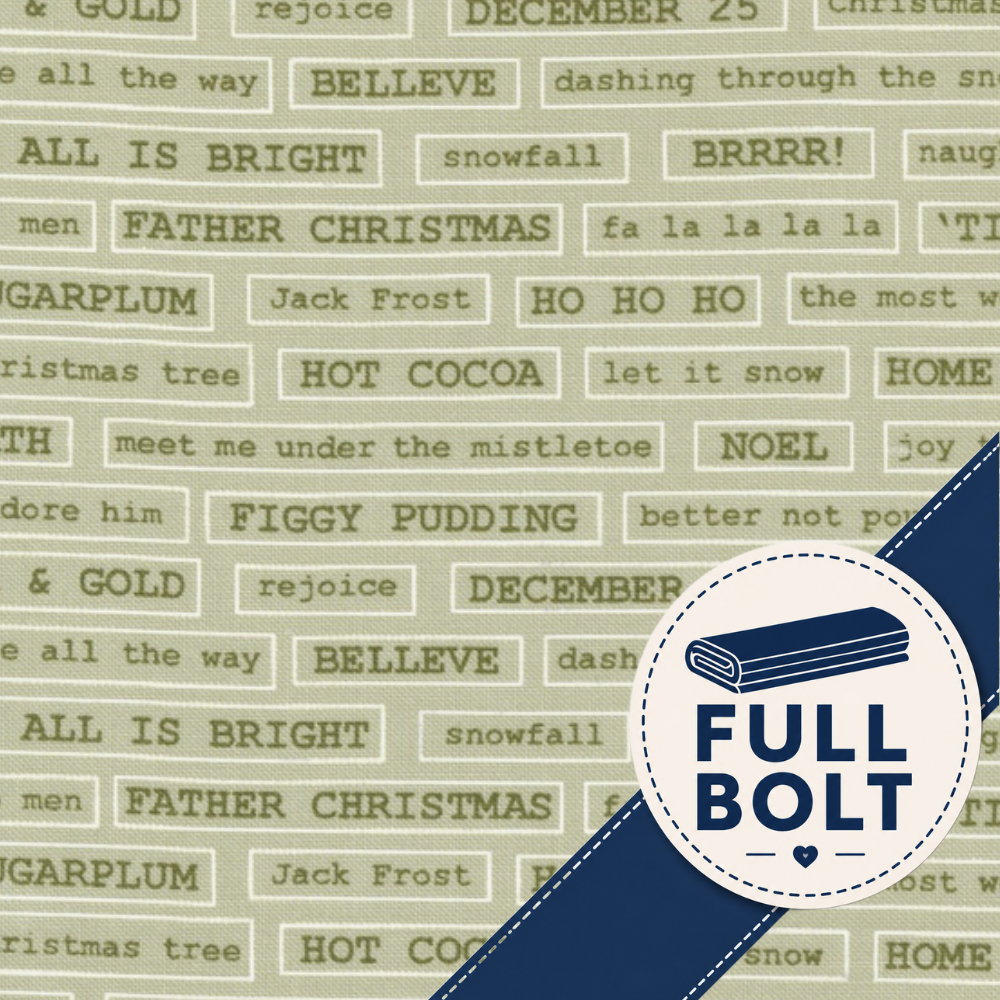 A close-up of a fabric pattern featuring festive Christmas phrases like 'Father Christmas', 'Santa', 'Ho Ho Ho', and 'All is bright' printed in muted olive green on a warm beige background, with a dark blue diagonal stripe and a circular 'Full Bolt' label overlay.