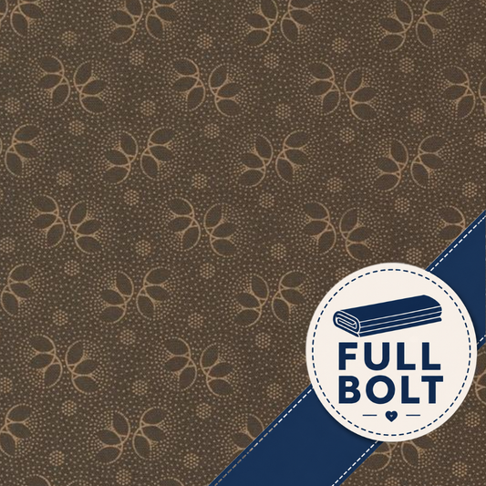 Brown fabric with a repeating beige floral and dotted pattern, featuring a blue diagonal banner and a white circular badge that reads 'FULL BOLT'.