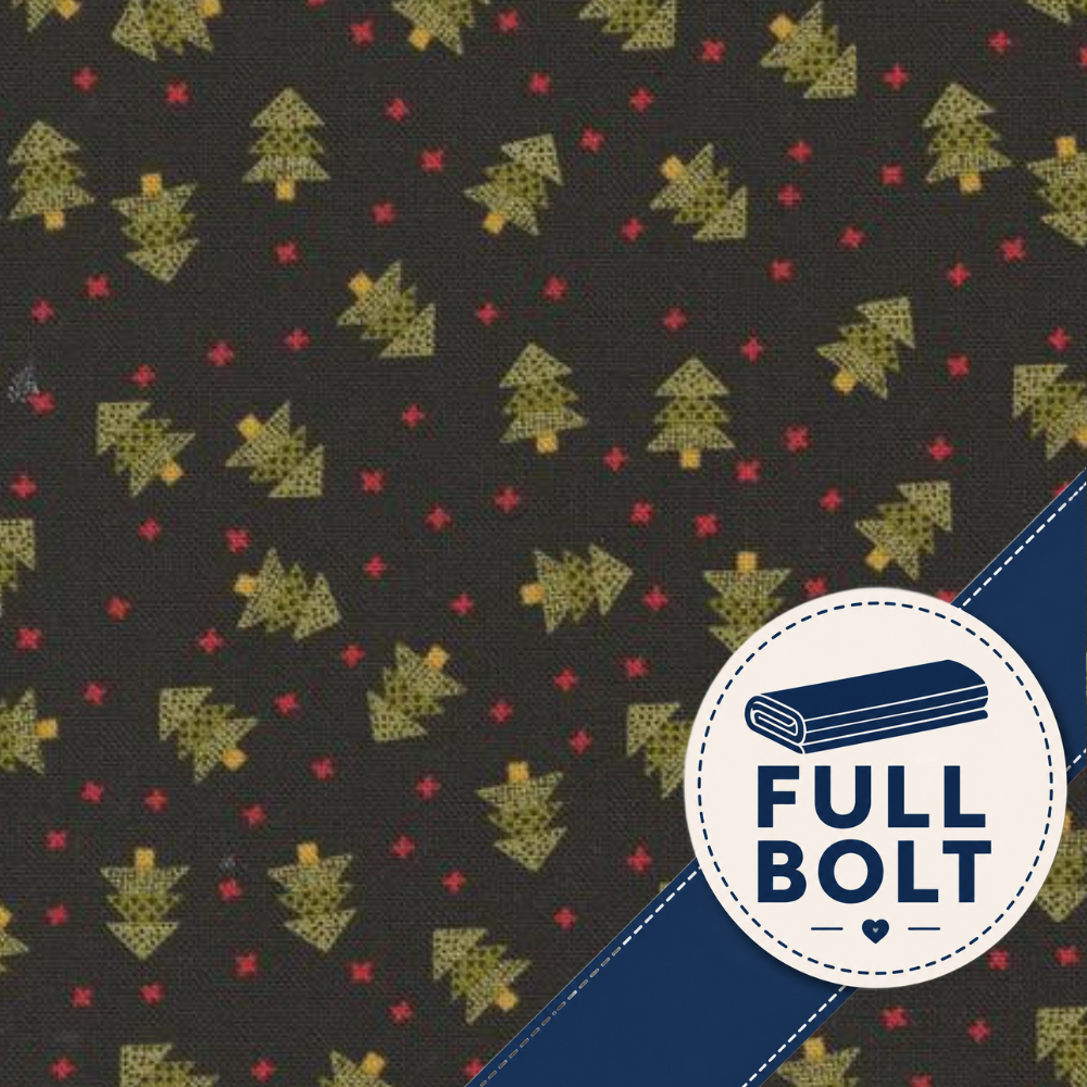 Dark charcoal black fabric with a repeating pattern of small green Christmas trees and red stars, featuring a blue diagonal stripe and a white circular 'FULL BOLT' badge in the lower right corner.