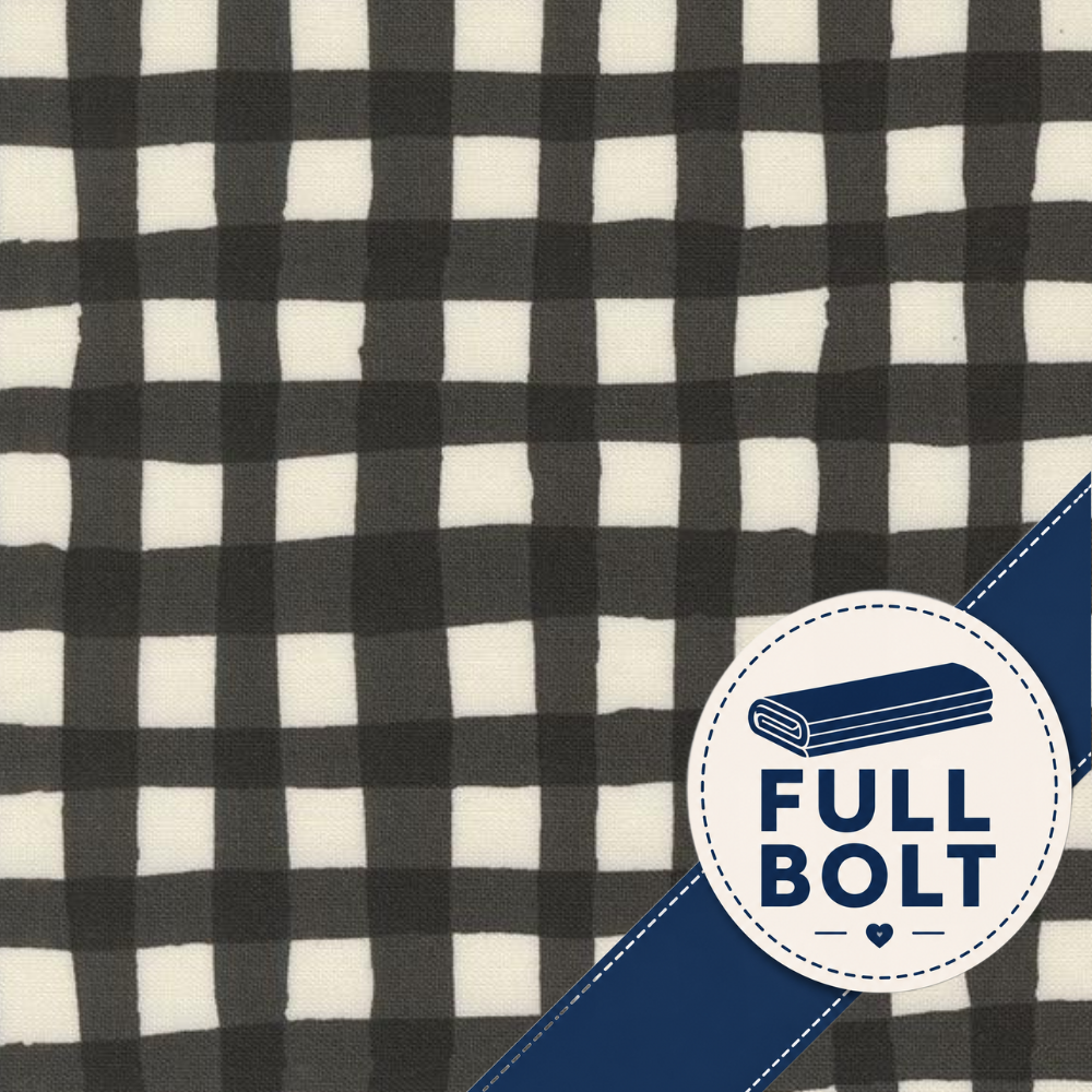 Charcoal Black and white buffalo check fabric with a blue diagonal banner reading 'FULL BOLT' and a small rolled-fabric icon.