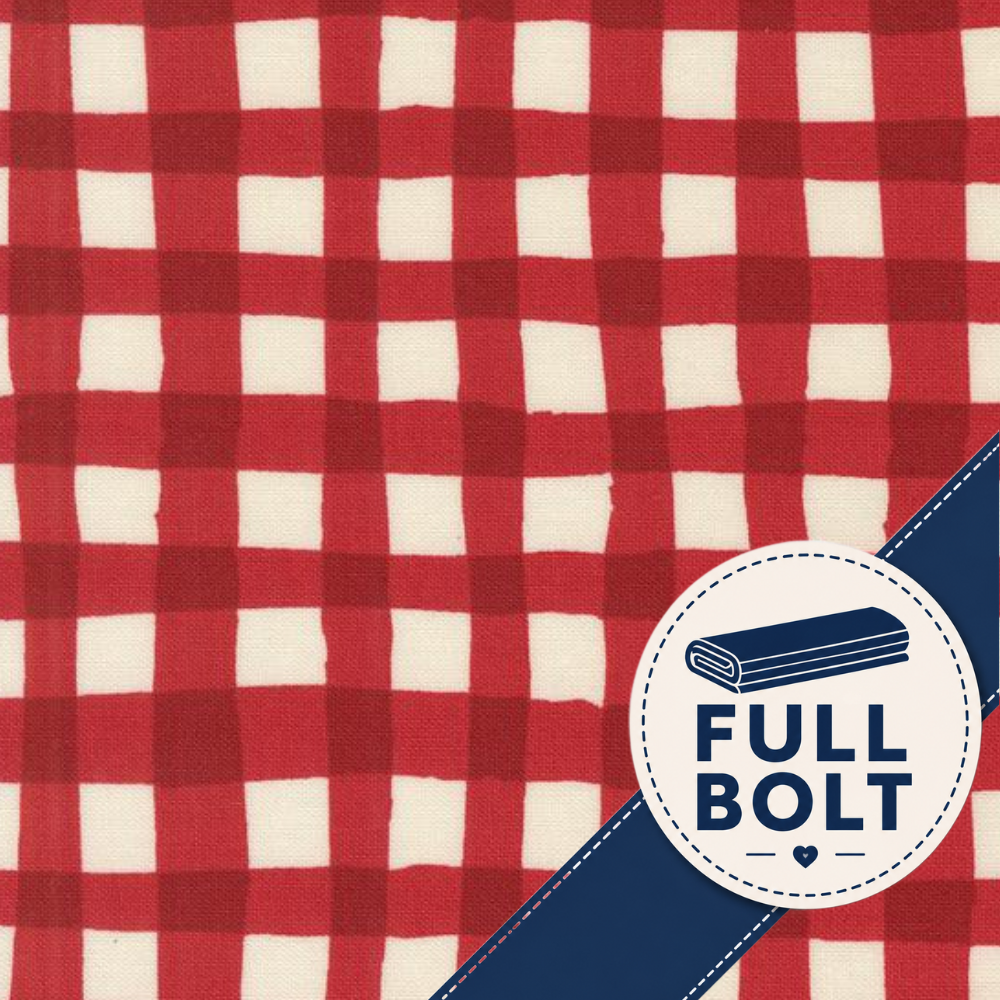 Red and off-white gingham fabric pattern with a navy blue diagonal banner reading 'FULL BOLT' and a rolled fabric icon.