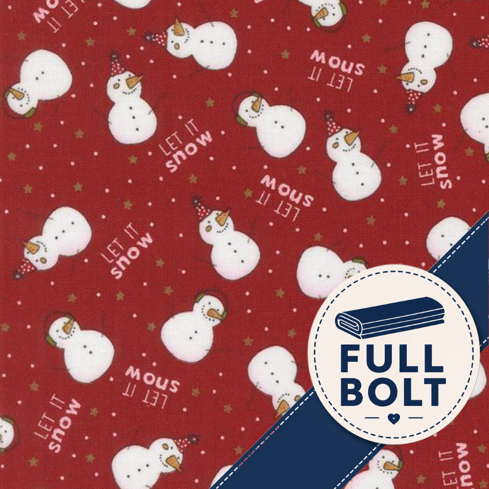 Red fabric with a repeating snowman pattern, white text reading 'MOUS LET IT SNOW', small gold stars, and a blue diagonal banner with a circular 'FULL BOLT' label.
