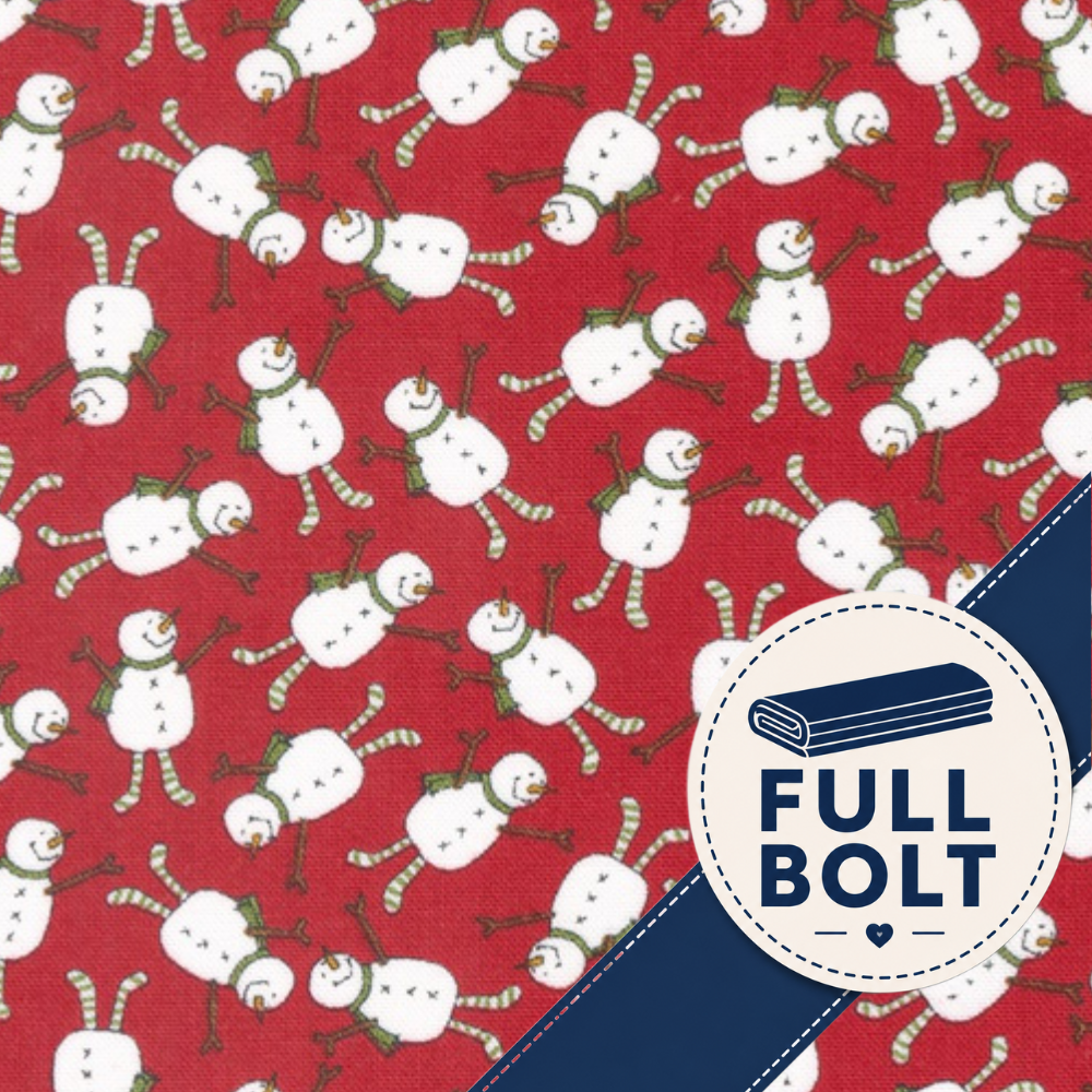 Red fabric with a repeating pattern of white snowmen and green striped scarves, plus a navy diagonal banner and a circular 'FULL BOLT' badge in the lower right.