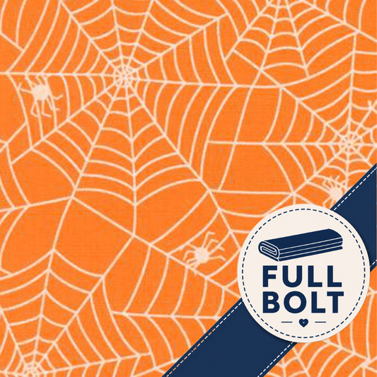 Orange fabric with a white spiderweb pattern, featuring a navy blue diagonal banner and a circular white badge that reads 'FULL BOLT'.