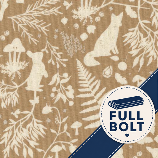 A close-up of a fabric pattern with a tan background and cream-colored botanical and animal motifs, including a fox, rabbit, fern, mushrooms, and leaves. A dark blue diagonal band runs across the lower right, with a white circular badge reading “FULL BOLT” and showing a folded fabric icon.