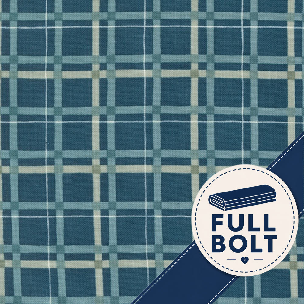 A close-up of a blue plaid fabric pattern with white and light blue intersecting lines, plus a white circular badge in the lower right that reads “FULL BOLT” with a folded fabric icon.