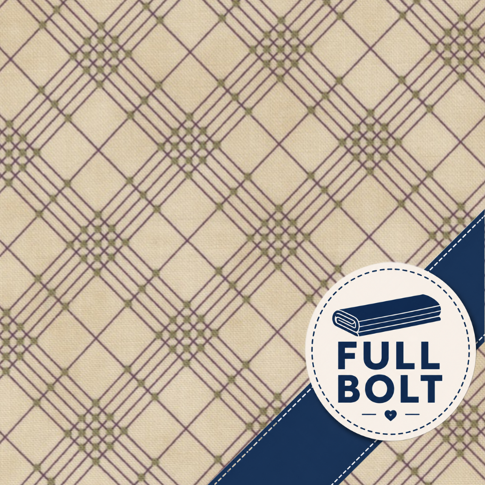 A close-up of a fabric pattern swatch with a beige base, olive-brown diagonal grid lines, and a dark navy diagonal stripe across the lower right corner. A circular badge with a folded fabric icon and the text 'FULL BOLT' is overlaid on the stripe.
