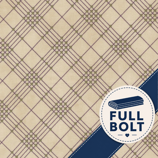 A close-up of a fabric pattern swatch with a beige base, olive-brown diagonal grid lines, and a dark navy diagonal stripe across the lower right corner. A circular badge with a folded fabric icon and the text 'FULL BOLT' is overlaid on the stripe.