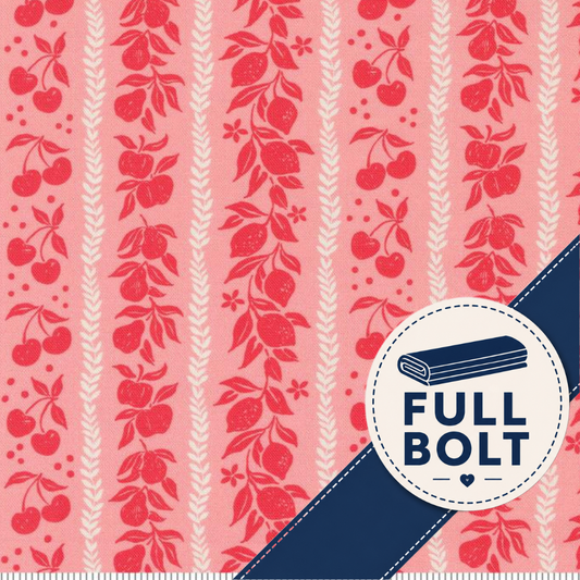 A fabric pattern swatch featuring vertical stripes of cherry red fruit and leaf motifs on a pink background, with a navy blue diagonal banner and a circular badge reading 'FULL BOLT'.