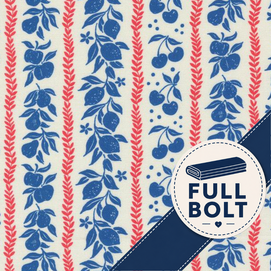 A close-up of a fabric pattern with vertical red wheat-like stripes and blue fruit and berry motifs on an off-white background, plus a dark blue diagonal band and a circular badge reading FULL BOLT.