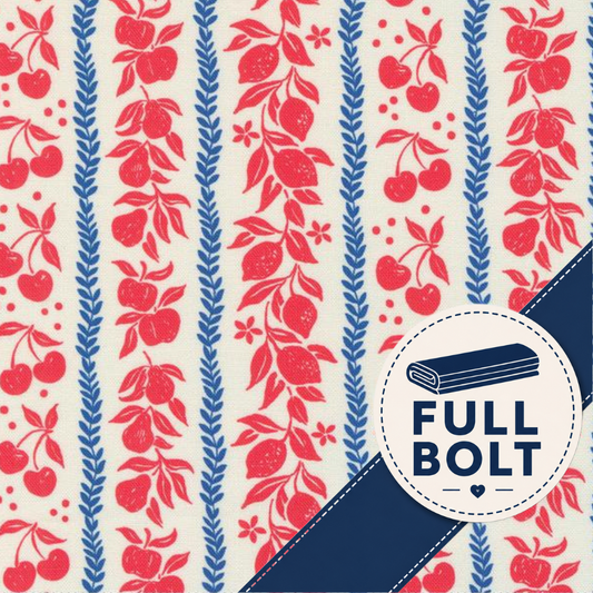 A close-up of a fabric pattern featuring vertical blue leafy stripes and red fruit motifs on an off-white background, with a circular badge reading FULL BOLT and a navy diagonal banner across the lower right.