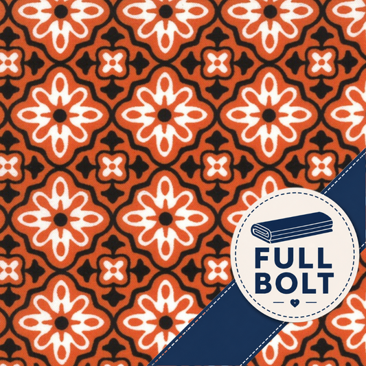 A repeating fabric pattern with orange, white, and dark navy floral and geometric motifs, overlaid with a diagonal dark blue banner reading FULL BOLT.