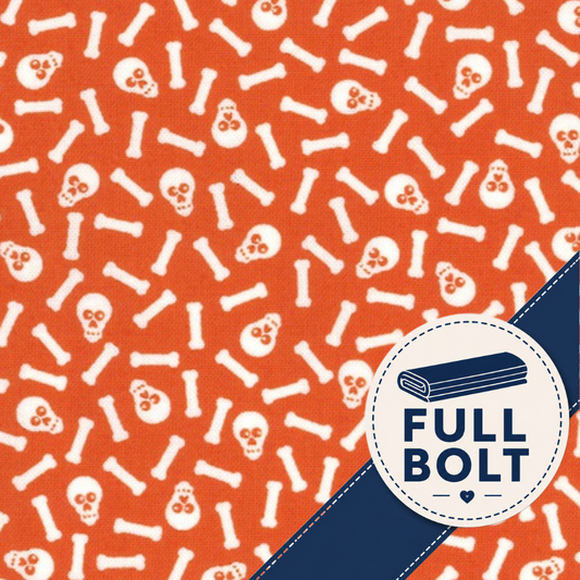 Orange fabric with a repeating white skull and bone pattern, shown with a navy diagonal band and a circular badge reading FULL BOLT.