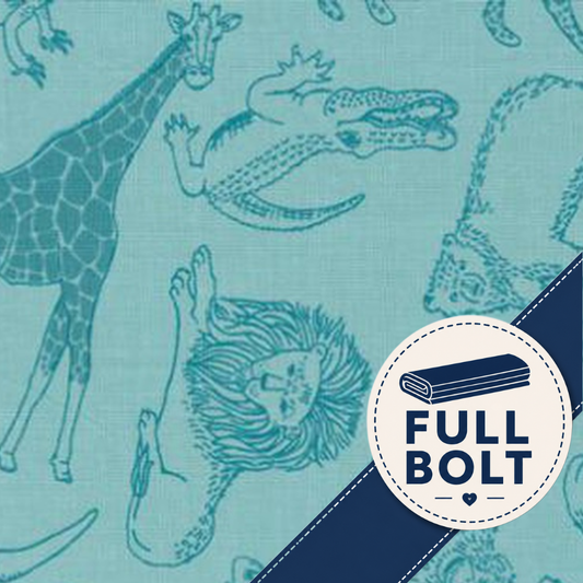 A close-up of fabric with a repeating animal print in dark aqua blue on a light aqua background, plus a circular badge reading FULL BOLT and a dark blue diagonal banner.