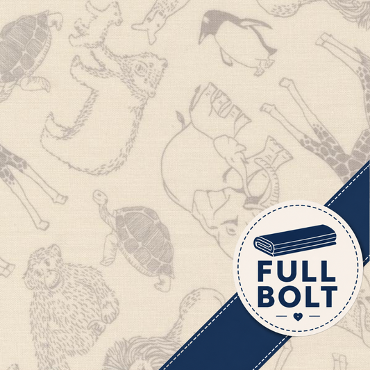 A close-up of fabric with an animal print pattern in gray on a warm cream background, plus a dark blue diagonal ribbon and a circular badge reading FULL BOLT.