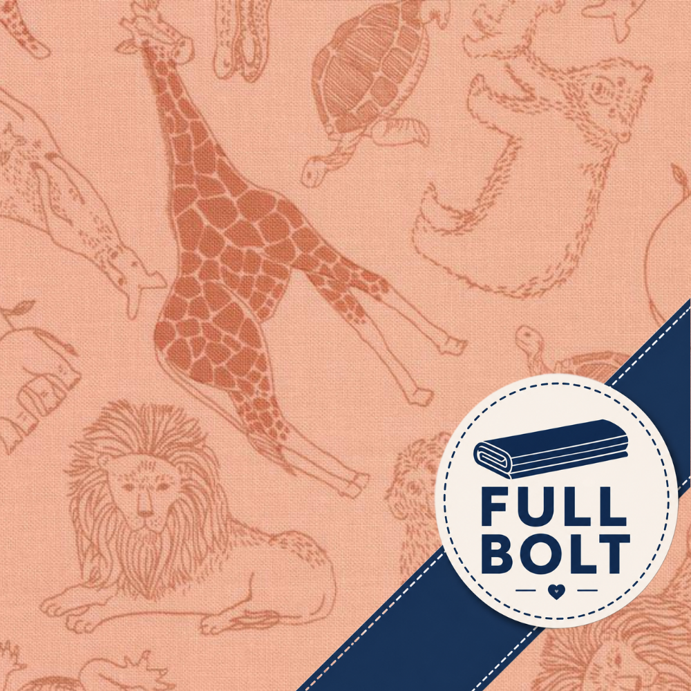 A close-up of fabric featuring a peach background with muted brown animal line drawings, including a giraffe, lion, turtle, and dinosaur. A dark blue diagonal ribbon and a white circular badge with the text 'FULL BOLT' appear in the lower right.