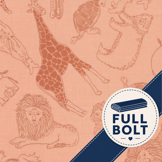 A close-up of fabric featuring a peach background with muted brown animal line drawings, including a giraffe, lion, turtle, and dinosaur. A dark blue diagonal ribbon and a white circular badge with the text 'FULL BOLT' appear in the lower right.