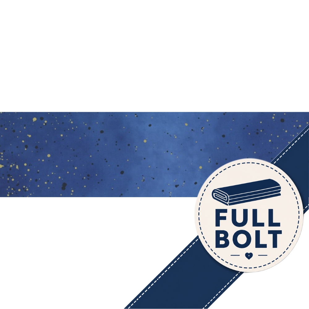 A close-up of a navy blue fabric strip with small gold and black speckles, shown diagonally with a circular white label reading FULL BOLT.