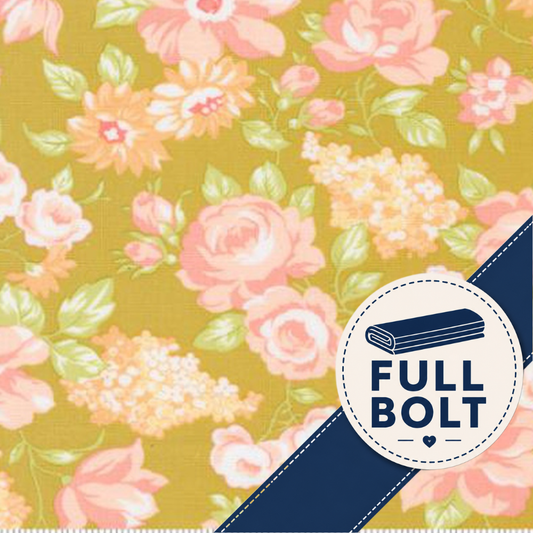 A close-up of floral fabric with pink and peach roses on a mustard yellow background, overlaid with a navy diagonal band and a white circular badge reading FULL BOLT.