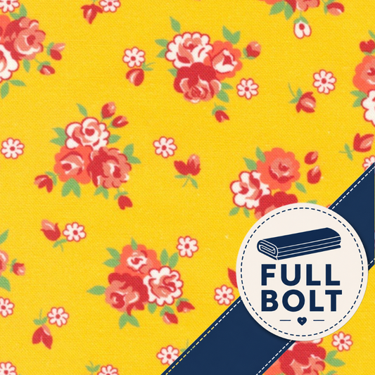 Yellow fabric with a red and pink floral print, featuring a navy blue diagonal stripe and a circular white badge that reads 'FULL BOLT' with a bolt icon.