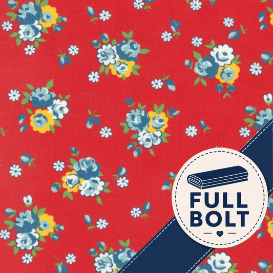 Red fabric with a floral print featuring blue, white, and yellow flowers, with a navy blue diagonal stripe and a circular 'FULL BOLT' label in the lower right corner.