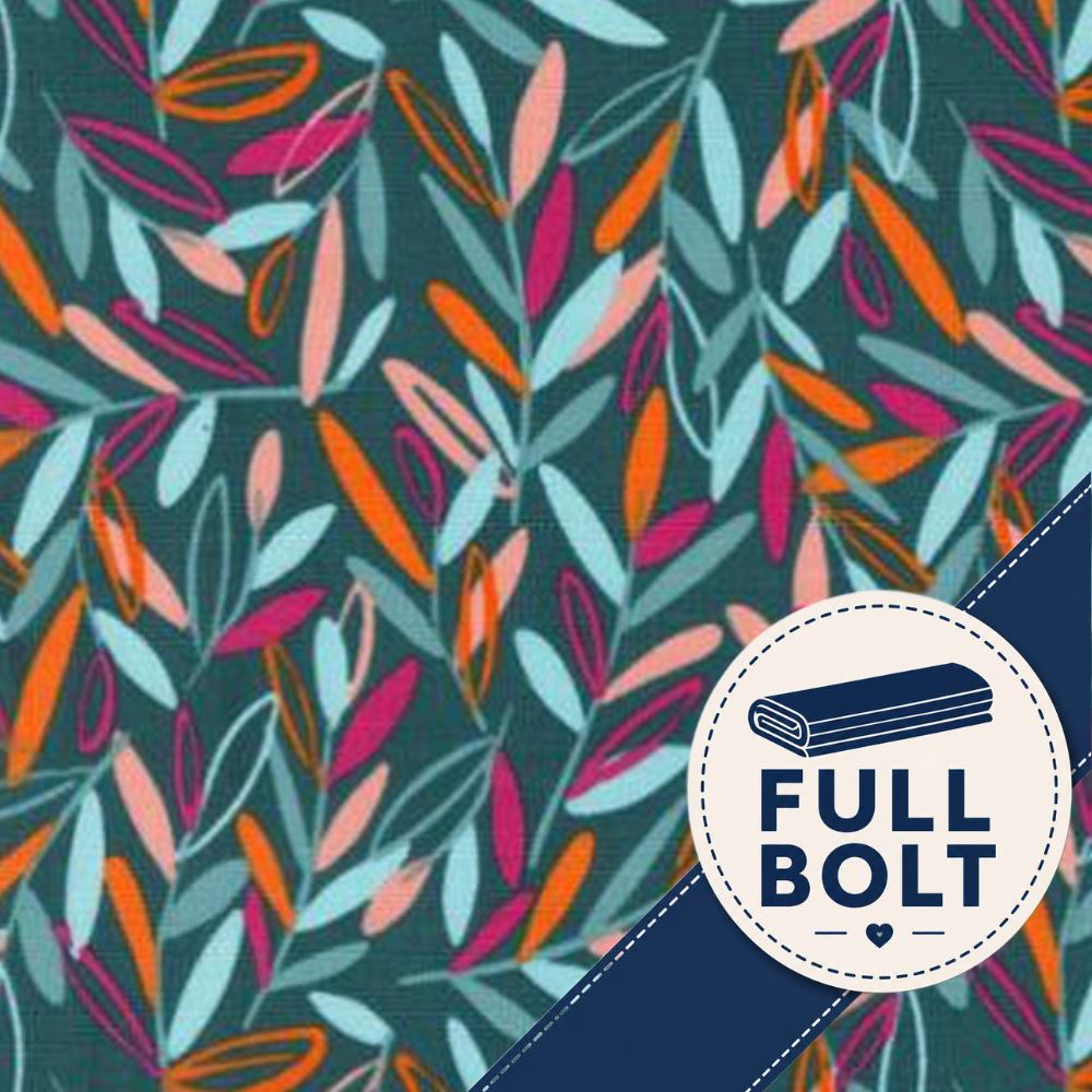 A close-up of a fabric pattern featuring colorful stylized leaves in orange, pink, light blue, and peach on a dark teal background, with a white circular badge in the lower right that reads 'FULL BOLT' over a navy diagonal banner.