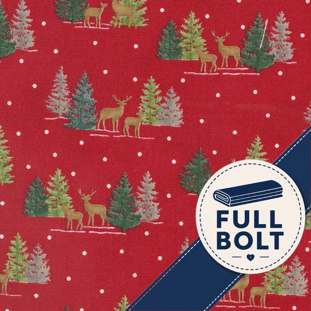 Red fabric with a Christmas tree and deer pattern, featuring a white circular badge that reads 'FULL BOLT' and a navy diagonal corner showing fabric stitching.