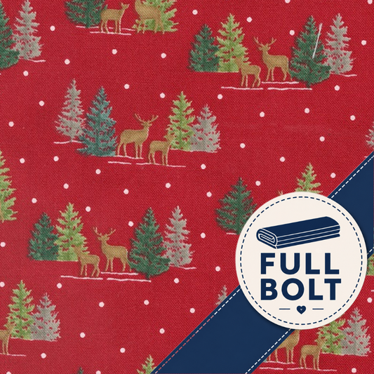 Red fabric with a Christmas tree and deer pattern, featuring a white circular badge that reads 'FULL BOLT' and a navy diagonal corner showing fabric stitching.
