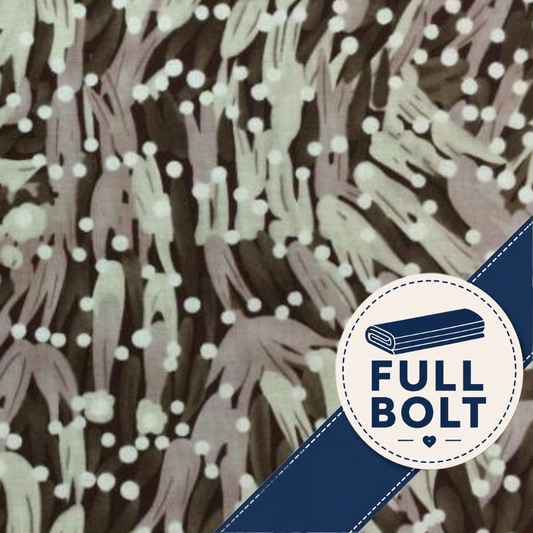 A close-up of patterned fabric with a dark brown base, muted blush-beige vertical brushstroke shapes, and scattered white dots. A blue diagonal banner with a white circular badge reading 'FULL BOLT' overlays the lower-right area.