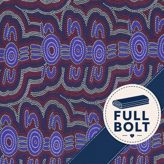 A close-up of a patterned fabric with a repeating dot-art design in navy, purple, red, and white. A white circular badge in the lower right says “FULL BOLT” with a rolled fabric icon.