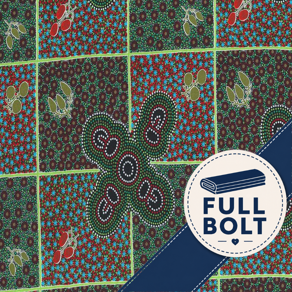 A close-up of patterned fabric with a repeating grid of multicolored floral and dot-art panels, plus a large butterfly motif and a blue diagonal section. A white circular badge in the lower right reads 'FULL BOLT' with a rolled fabric icon.