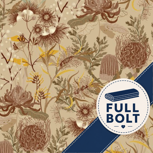Australian wildflowers on a natural earth coloured cotton fabric