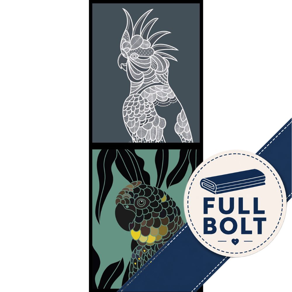 Fabric Panel featuring a stylized parrot illustration. The top strip has a white parrot on a dark gray background, and the bottom strip has a multicolored parrot on a teal background.