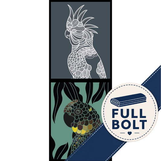 Fabric Panel featuring a stylized parrot illustration. The top strip has a white parrot on a dark gray background, and the bottom strip has a multicolored parrot on a teal background.