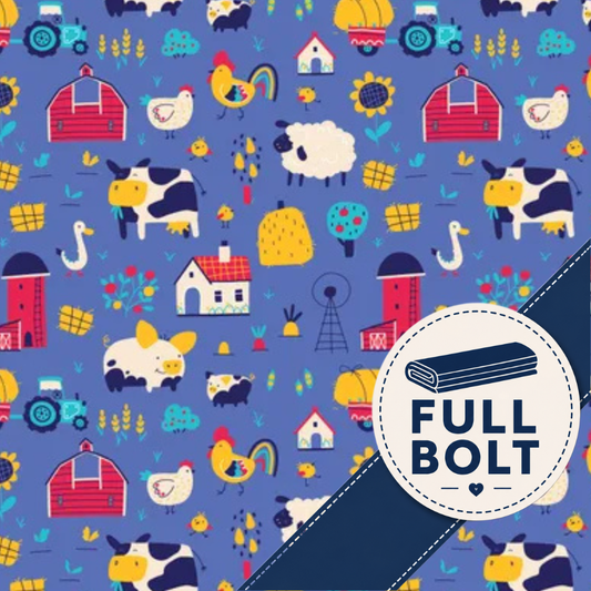 A repeating farm-themed pattern on a medium blue background, featuring red barns, white and black cows, sheep, chickens, tractors, houses, sunflowers, and other rural icons.