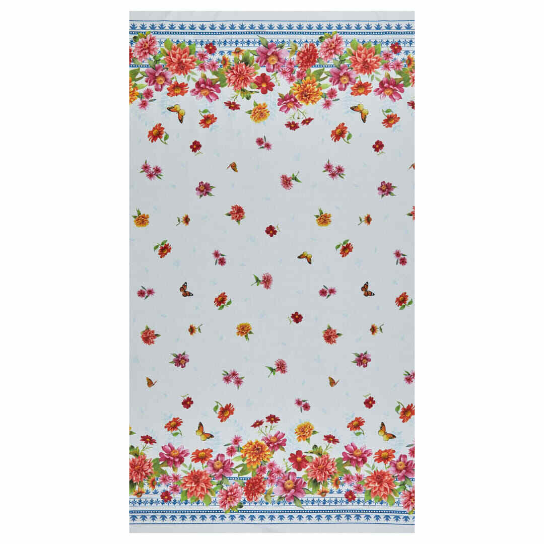 A rectangular fabric featuring a vibrant floral pattern with pink, red, and orange flowers, green leaves, and small butterflies, finished with decorative blue patterned borders at the top and bottom.