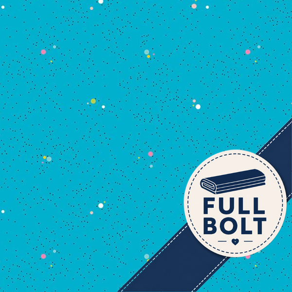 A bright blue speckled background with a diagonal navy ribbon and a circular badge reading FULL BOLT.