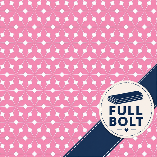 Pink and white geometric patterned fabric with a navy blue diagonal ribbon overlay and a circular badge reading 'FULL BOLT'.