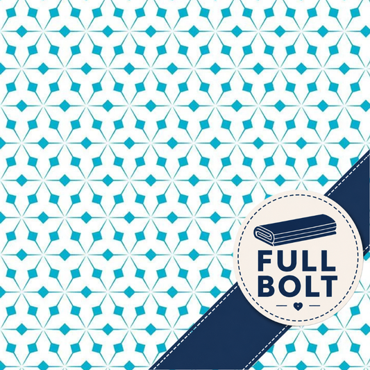 A repeating geometric pattern of blue diamonds and triangles on a white background, with a dark navy diagonal banner across the lower right containing a circular badge that reads 'FULL BOLT' and shows a folded fabric sample.