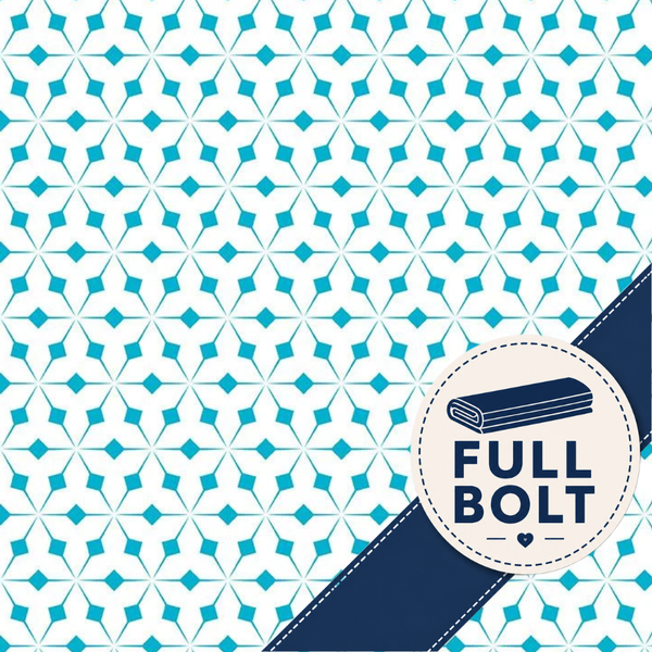 A repeating geometric pattern of blue diamonds and triangles on a white background, with a dark navy diagonal banner across the lower right containing a circular badge that reads 'FULL BOLT' and shows a folded fabric sample.