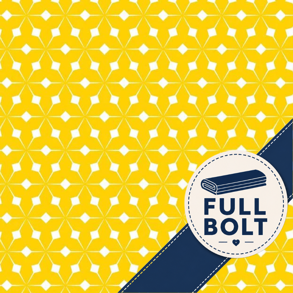 Yellow and white geometric patterned fabric with a navy blue diagonal band and a circular white badge reading 'FULL BOLT' with a bolt icon.