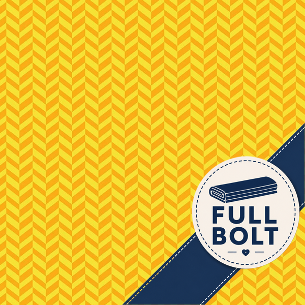 Yellow and orange chevron patterned fabric with a navy blue diagonal ribbon overlay featuring a white circular badge that reads 'FULL BOLT' with an illustration of folded fabric.