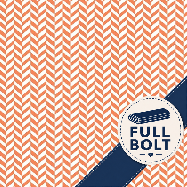 A repeating orange and white chevron pattern fills the frame, with a dark navy diagonal ribbon-like band across the lower right and a circular badge reading "FULL BOLT" over it.