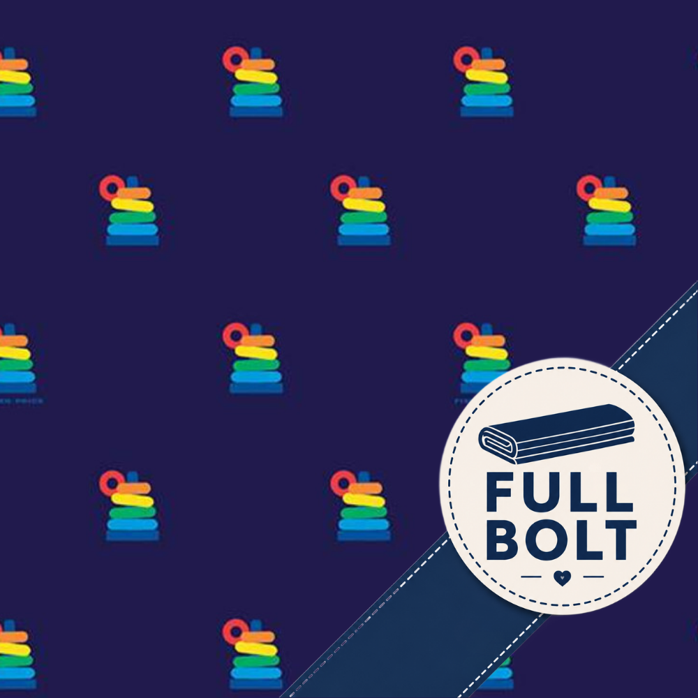 A repeating pattern of small colorful toy stack icons on a dark navy background, with a large circular badge in the lower right reading 'FULL BOLT' and a diagonal stitched section.