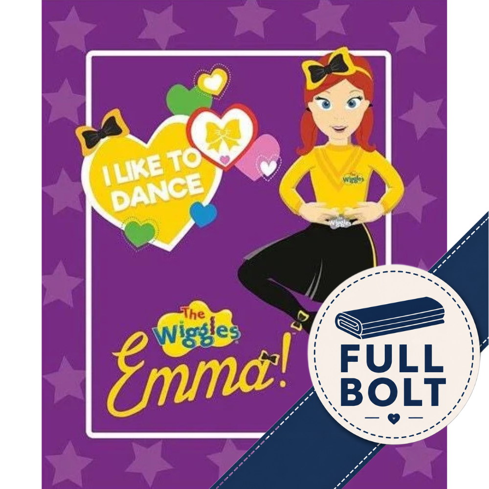 The Wiggles Emma full-length poster fabric print featuring a cartoon illustration of Emma in her yellow outfit and black pants on a purple star-patterned background, with 'I LIKE TO DANCE' text and a 'FULL BOLT' badge overlay.