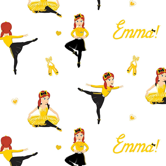 Pattern of a dancer in a yellow outfit with 'Emma!' text on a white background