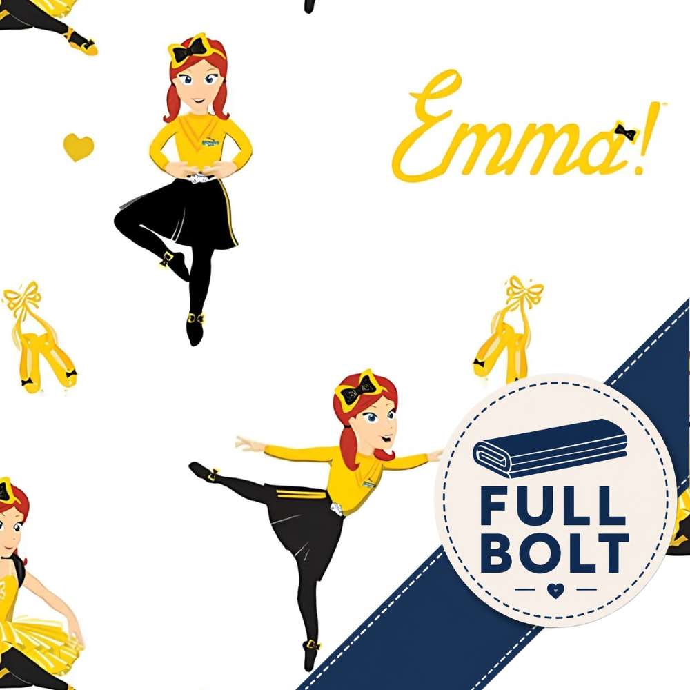 Custom fabric print featuring a cartoon illustration of a girl in a yellow and black outfit with the name 'Emma!' in yellow script, accompanied by yellow bows and a navy blue diagonal stripe with a circular badge that reads 'FULL BOLT'.