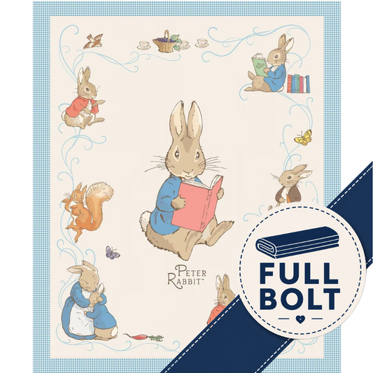 A square Peter Rabbit themed fabric panel with a cream background, blue gingham border, and illustrated rabbits, butterflies, and a squirrel. A large circular badge in the lower right reads 'FULL BOLT' over a navy diagonal ribbon.