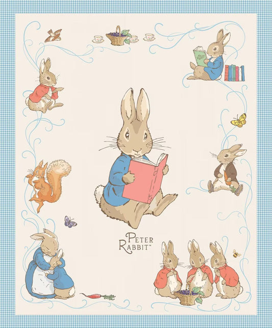 A vintage-style Peter Rabbit  fabric illustration print featuring multiple rabbit characters in red and blue outfits reading, playing, and interacting, with a light blue gingham border and the text 'Peter Rabbit' near the bottom center.