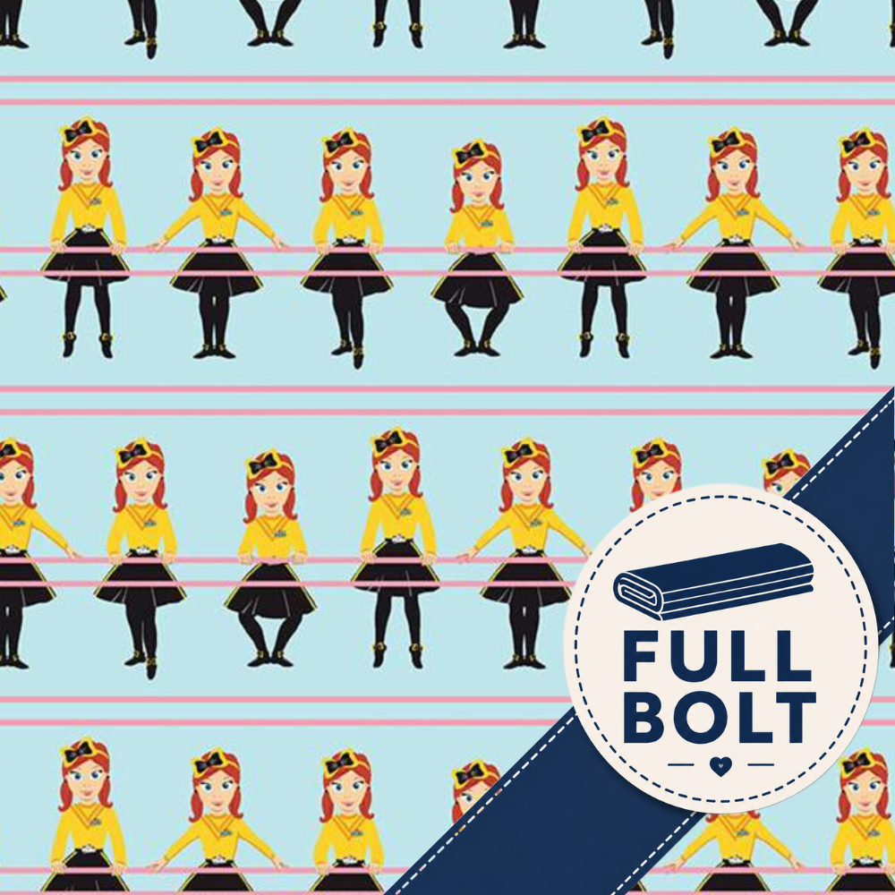 A repeating illustrated pattern of a girl in a yellow top, black skirt, and black boots on a light blue background with thin pink horizontal lines. A large dark blue diagonal banner in the lower right says "FULL BOLT" inside a white circular badge.